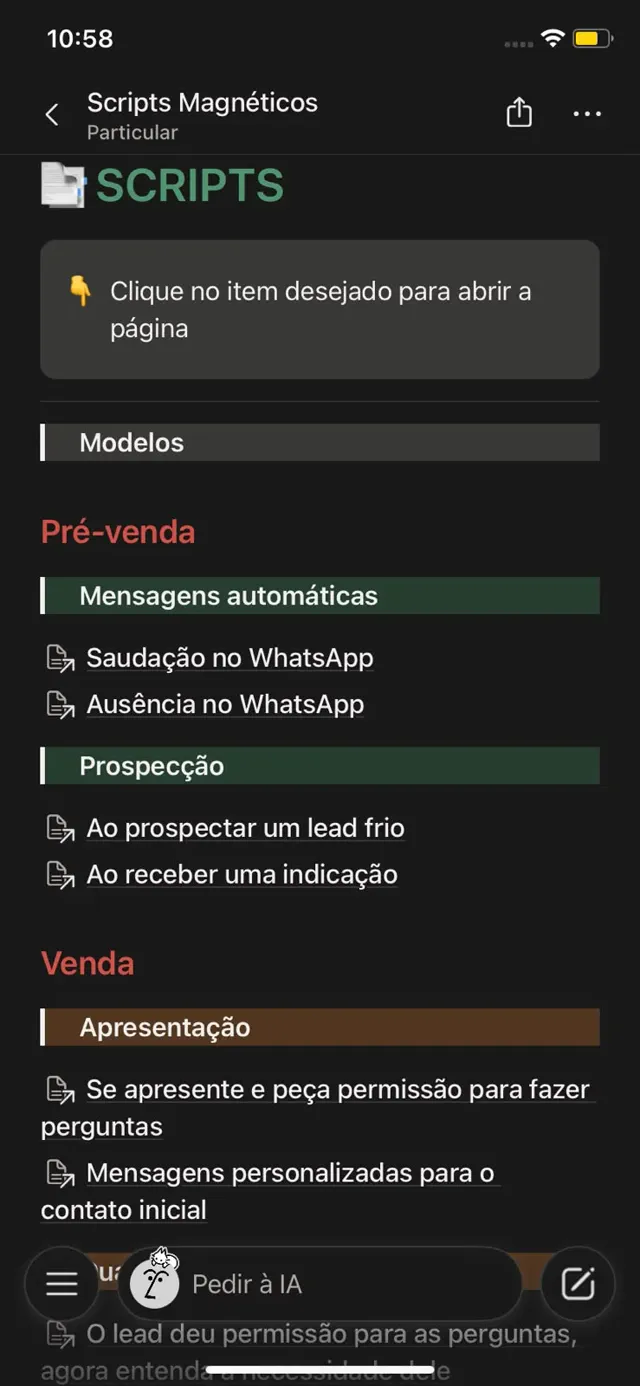 Tela de acesso rápido dos Scripts Magnéticos por dentro do Notion