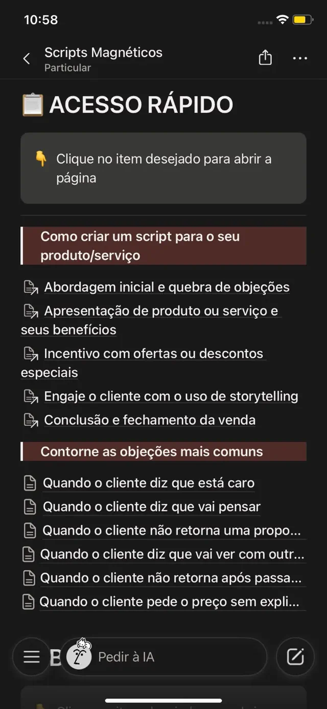 Biblioteca de scripts organizada por etapa da venda
