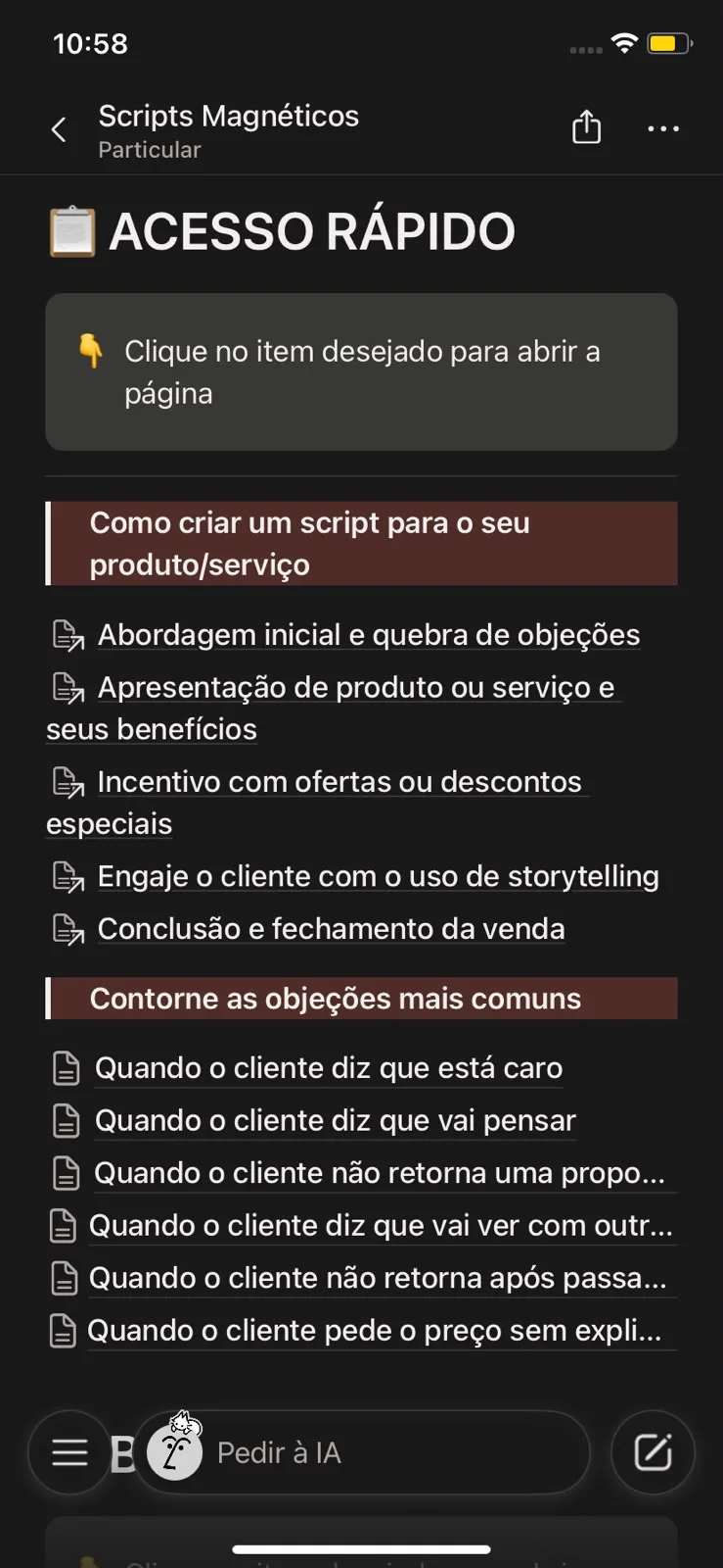 Biblioteca de scripts organizada por etapa da venda